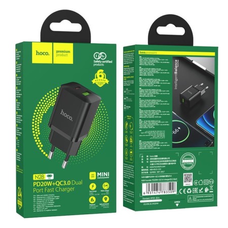 Network charger Hoco N28, 1 Type-C, 1 USB, 3 A, 20 W + 18 W, PD + Qc, Black-3