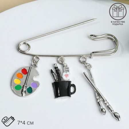 Pin "Artist" with pendants, 7 cm, color in silver-2