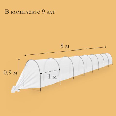 The greenhouse is stitched, length 8 m, 9 arcs of plastic, arc L = 2.4 m, d = 16 mm, spanbond 35 g/m², “successful”-1