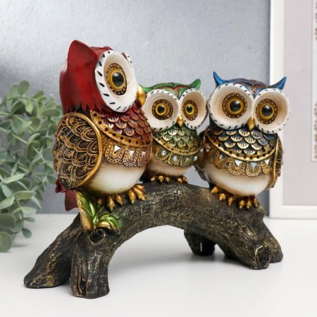 Polystone souvenir "Three colored eagle owls with rhinestones on the branch" 18.8x10x23.5 cm-1