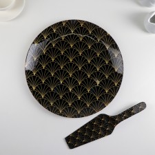 Glass cake with a shoulder blade “Golden Pen”, D = 30 cm, shoulder blade 26.5 × 7 cm, black color is black