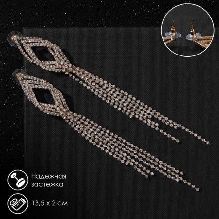 Hanging earrings with Hollywood rhinestones with threads, white color in gold, 13.5 cm