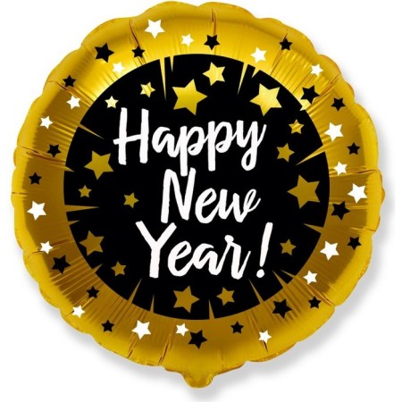 Foil ball 18 “Happy New Year. Sparks. Stars”, circle, black, golden-1