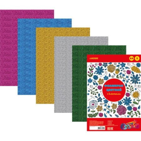 Foamiran color, A4, 2 mm set, Devente, 5 sheets x 5 colors, with sparkles