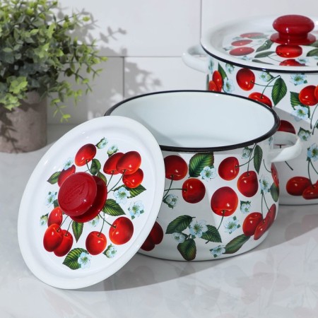 Set of pots "Juicy Cherry", 2 items: 4/5.5 l, enameled lids, induction, white color-1