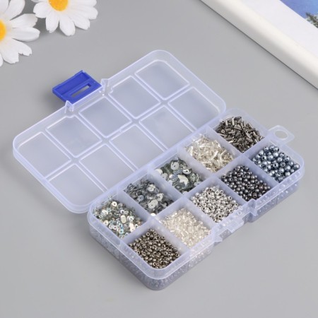 Glass beads 8/0, 12/0 in the box "silver" beads, glass and sequins 13x6.5x2.3 cm