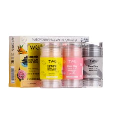 A set of clay face masks in a stick