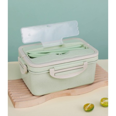 Lunch box, 1.5 l, 3 sections, spoon, fork, 20 x 13 x 7 cm, green