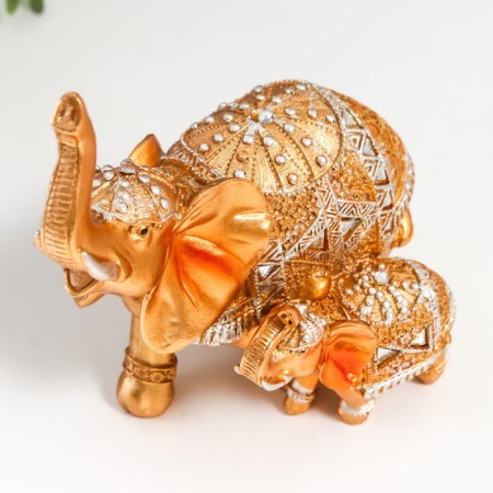 Souvenir Polystone "Golden Elephant with an Elephant in the Mirror Popon" 17.5x15x9.5 cm-5
