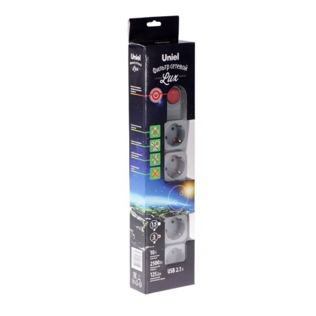 Unieel Lux network filter, 5 outlets, 3 m, 10 A, 2500 W, PVS 3x0.75, with salary, with off., Gray-2