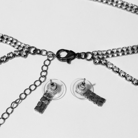 Set 2 objects: earrings, chocker "ice" 2 rows, white color in gray metal, 44.5 cm-1