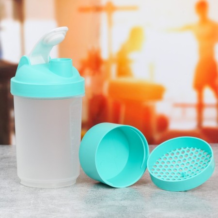 Sports shaker with a bowl for protein, turquoise-white, 500 ml-1