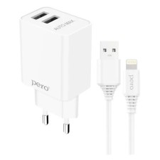 Network charger PERO TC02, 2 USB, 2.1 A, Lightning cable, white