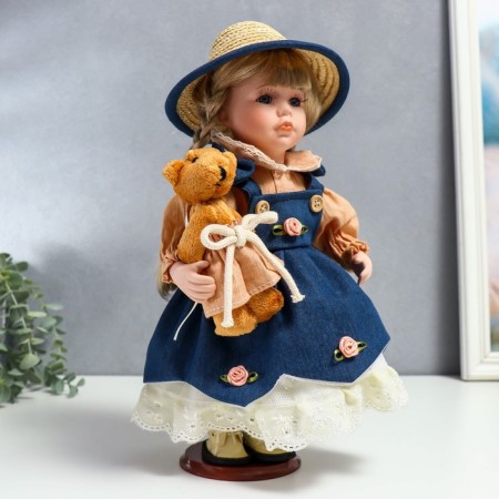 Doll Collectible Ceramics "Susie in a jeans dress, hat and with a bear" 30 cm-1