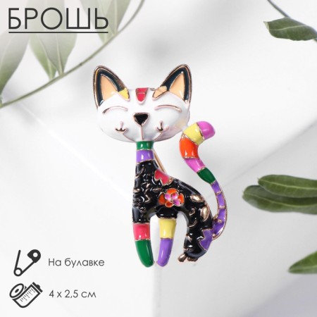 Brooch "Cat" painted, color in gold