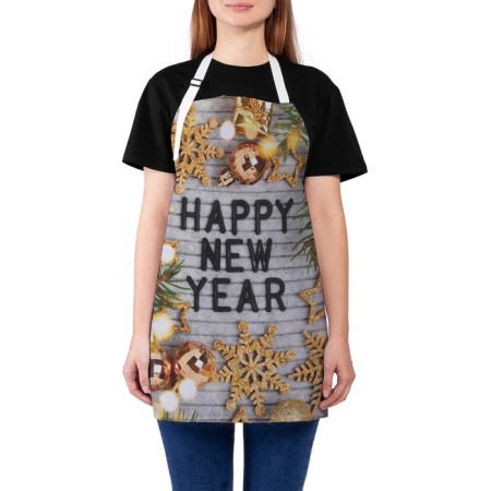 Apron of a kitchen with a photo print of "Happy New Year", adjustable, size OS