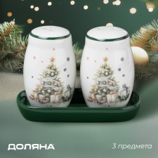 New Year's set for spices of the Dolyan “Approach of the Miracle”, 3 subjects: Solonka 80 ml, pipe 80 ml, stand, ceramics, white color