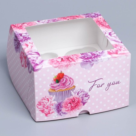 Capcake box, confectionery packaging with a window, 4 cells "Piono", 16 x 16 x 10 cm