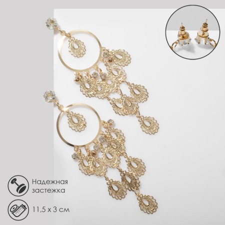 Earrings hanging "drops" openwork on rings, white color in gold, 11.5 cm