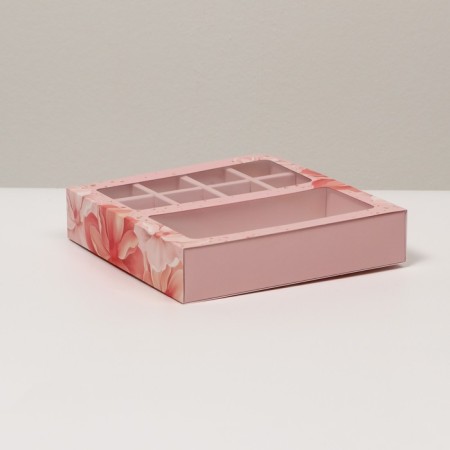 Box for 8 sweets + chocolate, with a window, pink flowers, 17.7 x 17.85 x 3.85 cm-1