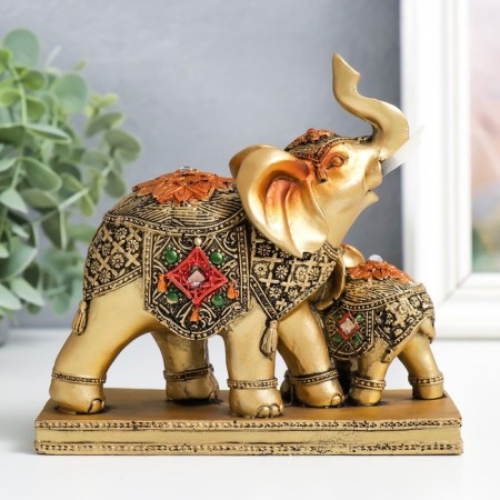 Souvenir Polystone "elephant with an elephant in the Popon with a strom" bronze 14x6.3x13.5 cm-3