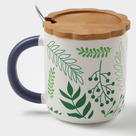 Ceramic mug with a spoon "Herbarium", 350 ml, white color-4