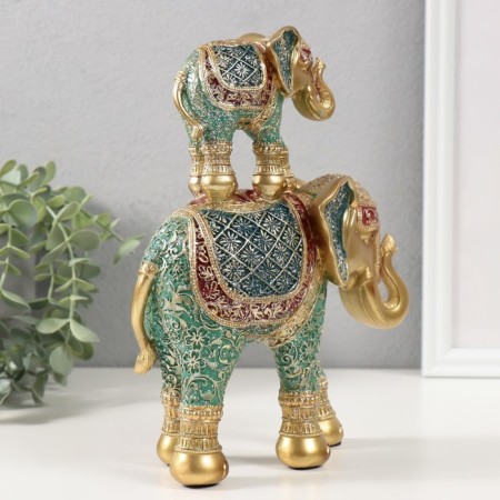 Polystone souvenir "Elephant with an elephant, chamomile on the ass" red-blue, sparkle 17x7x23 cm 103258-2
