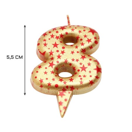 Candle in the Sanata cake, number "8", gold with red stars, 5.5 cm-2