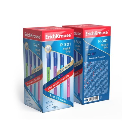 Ballpoint handle Erichkrause R-301 Neon Stick & Grip, Node 0.7 mm, blue ink, rubber emphasis, LECTION Line 2000 meters, MIX-8