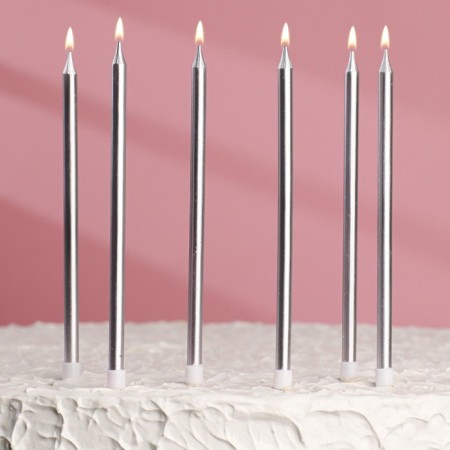 Candles in the cake "Royce", 6 pcs, tall, 13 cm, silver metallic-5