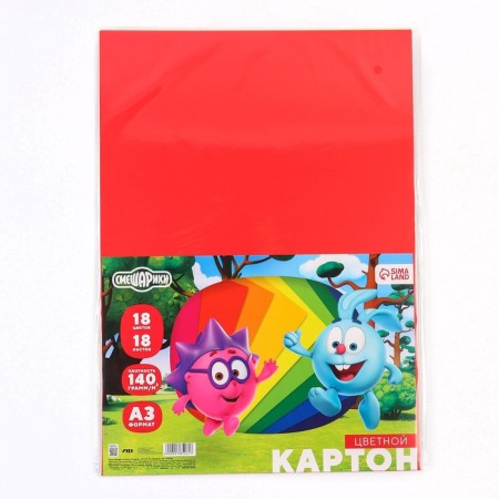 Cardboard tinted, A3, 18 sheets, 18 colors, moped, bilateral, in a package, 140 g/m², Smeshariki-5
