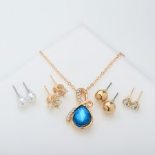Set of 5 objects: 4 pairs fluffs, pendant “droplet”, white-blue color in gold, 40 cm