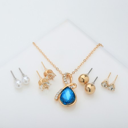 Set of 5 objects: 4 pairs fluffs, pendant “droplet”, white-blue color in gold, 40 cm