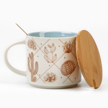 Ceramic mug with a lid and spoon "Cacti", 470 ml, beige color-7
