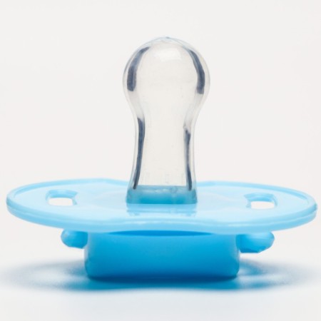 The dummy is classic, silicone, from 0 - 3 months, with a cap, blue color-4