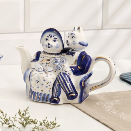 Kettle "Cats", 20 x 10 x 14 cm, gzhel, cobalt, gold-3