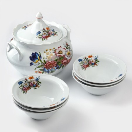 Porcelain set for dumplings “Bouquet of flowers”, 7 objects: Suditsa 3 l, 6 bowls 600 ml