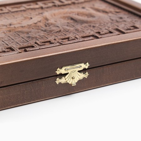 Carved backgammon "Chinese Dragon", from an array of Buk, Patina 35 x 45 cm-3