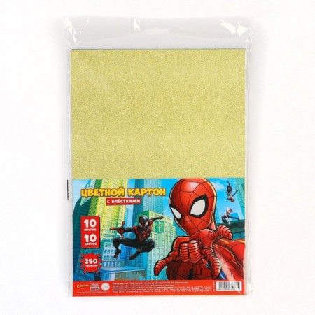 Cardboard color with sparkles, A4, 10 sheets, 10 colors, moped, one-sided, in a package, 250 g/m², Spider-Man-5