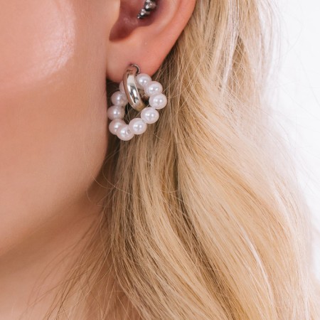 Earrings with the removable element "Transformer" two pearl rings, white color in silver-2