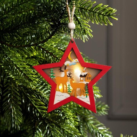 Christmas tree toy "Red Star with deer", from batteries, glow of warm white