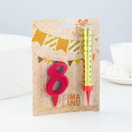 Candle for cake the number "Oval" Red "8" + fountain-1