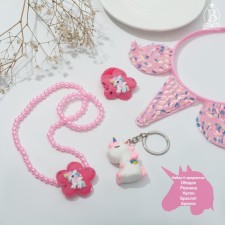 Set of children's “chosen” 5 objects: rim, elastic band, pendant, bracelet, keychain, unicorn, color