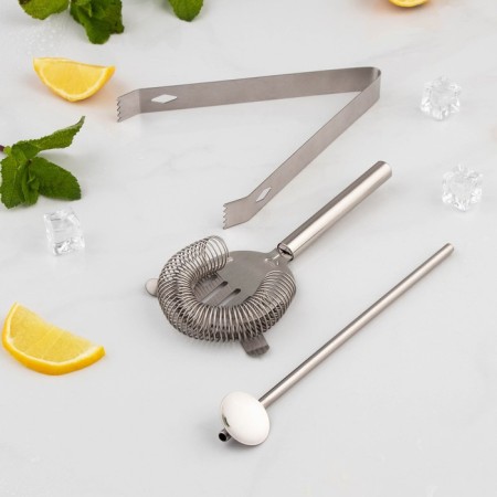 Set for the Big John Bar, 5 objects: forceps, stretcher, spoon, shaker, jigger, stainless steel-4
