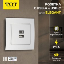 Roset with USB-A + USB-C connectors, 2.1 A, 5V, TOT ELEAGANT, Hidden, Silver