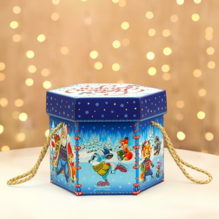 New Year. The gift box New Year's hexagon is small "Winter Fun" with rope pens, 210x210x185 mm.