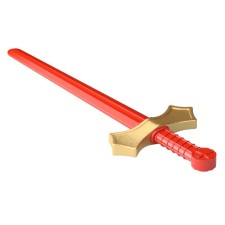 The sword is plastic, the color is red with the golden guard