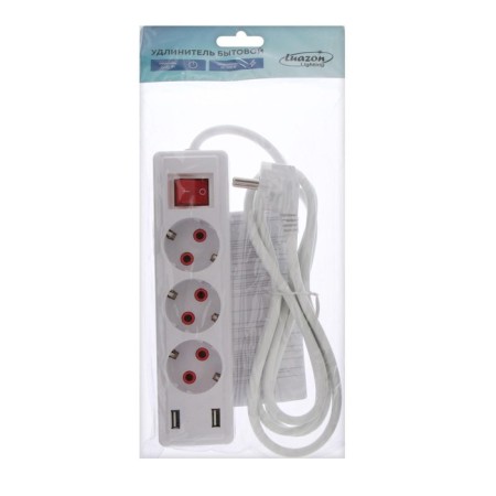 Extension cord Luazon Lighting, 3 sockets, 2 m, 10 A, 2200W, 2x0.75 mm2, 2xUSB, with excavation, b-5