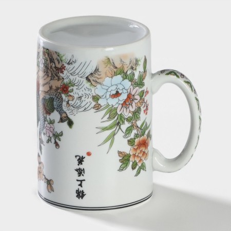 Ceramic mug with a lid and sieve "Flowers", 300 ml, white color-4