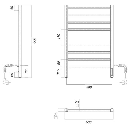 Domoterm electric heated towel rail "Quadro" P8, 500x800 mm, right, black matte-3